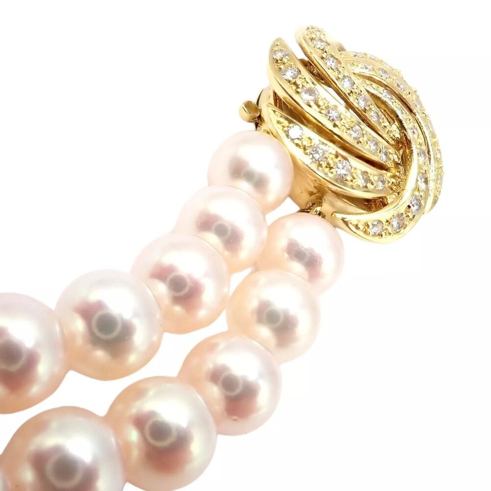 Authentic! Mikimoto 18k Yellow Gold Diamond Double Strand 8mm Pearl Necklace - Picture 11 of 16